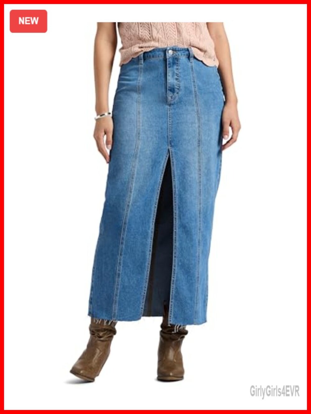 Mid Rise Denim Maxi Skirt Raw Hem Front Slit 5-Pocket Casual